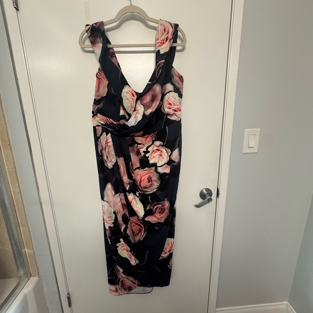 City Chic Pink and Black Sheath Midi Dress V-Neck
